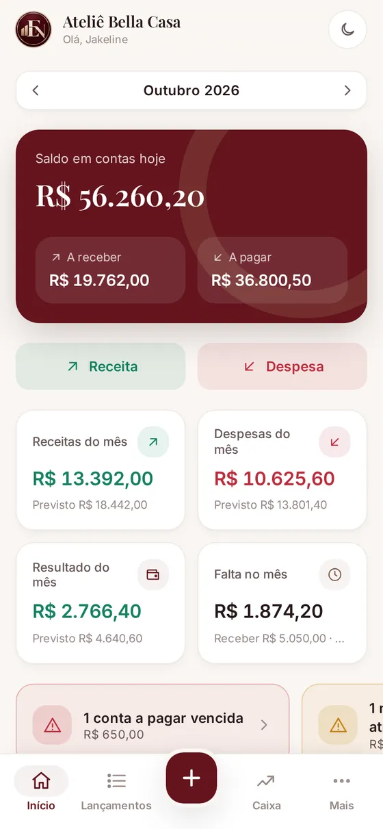 Tela inicial do app Entre Negócios com saldo, contas a receber e a pagar